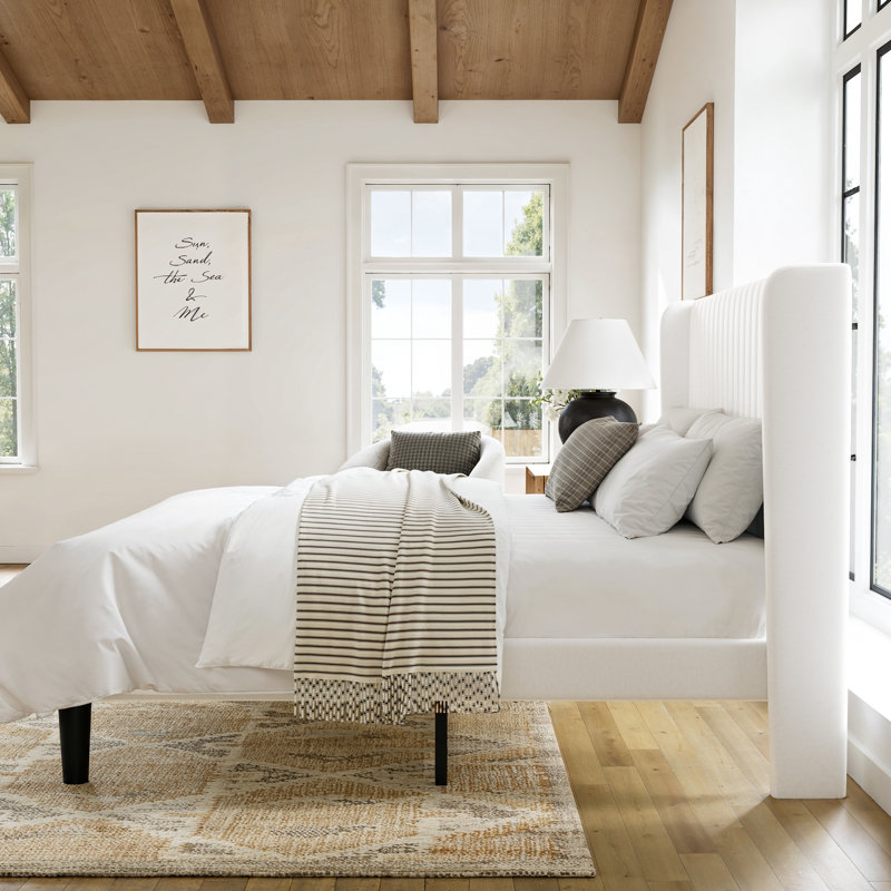 Queen Size Velvet Upholstered Platform Bed with Wingback Headboard and Wooden Slats, White, Queen