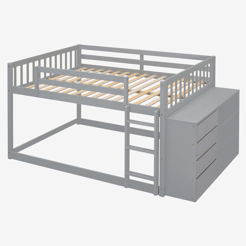 Lit superposé avec 4 tiroirs et 3 tablettes, Lit superposé double sur double, Gris