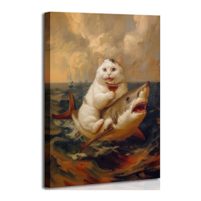 Drôle de salle de bain chat, art mural Renaissance fantaisiste, fou, humour excentrique, gros chat chevauchant un requin, peinture, image murale, affiche, œuvre d'art, impression pour toilette, toilettes, décoration de la maison