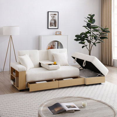 Convertible Sleeper Sofa Couch,Multifunctional Double Folding Sofa Bed,Storage Ottoman And Sofa Arm With Box And Drawer, Drop Down Table With 2Cup Holders For Living Room,Apartment,Office