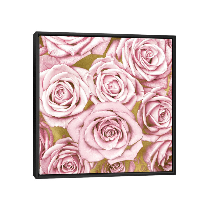 «Pink Roses on Gold», impression sur toile, H 18 po x l 18 po x P 1,5 po, Toile avec cadre noir, Pas de tapis