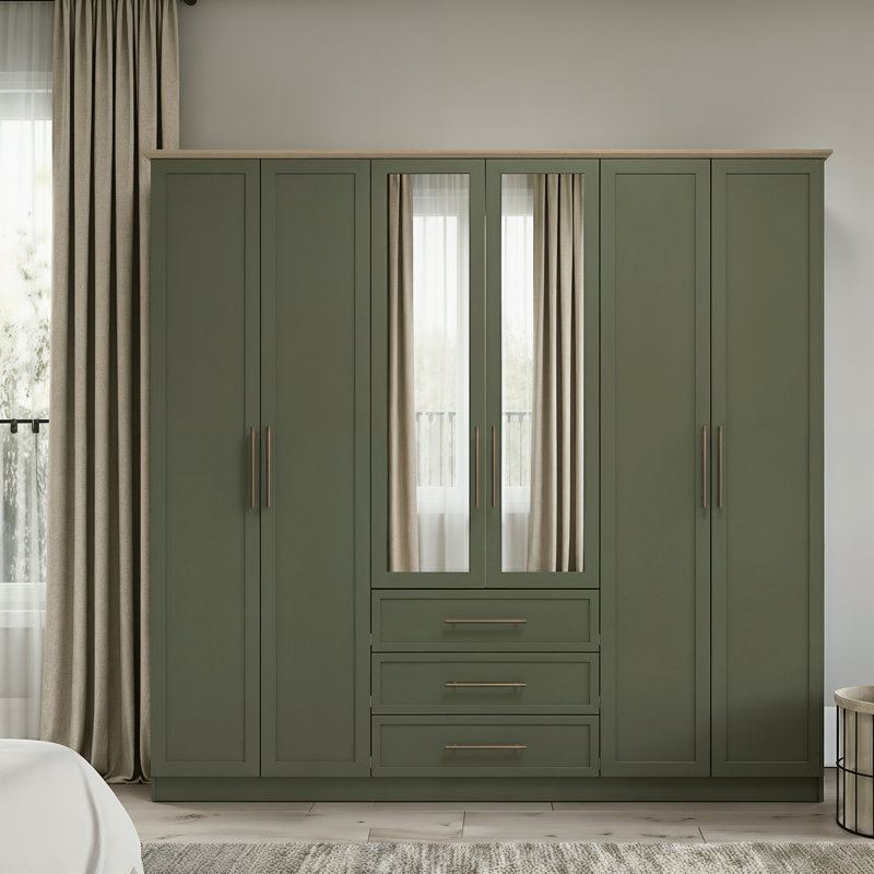 Cleverton 6 Door 3 Drawer Wardrobe with Mirror, Kale Green