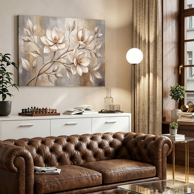 «Elegant Magnolia Flowers with Gold Accents», art mural sur toile tendue, 28 po x 40 po