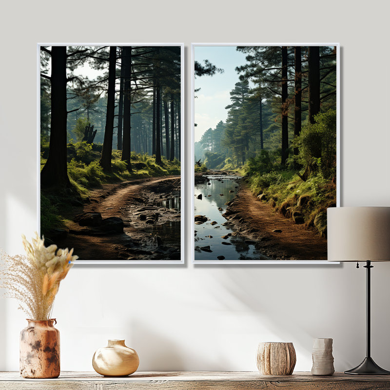 Enchanted Pine Tree Forest - impressions florales de pin sur toile, 36" H x 48" W, Impression encadrée flottante, White