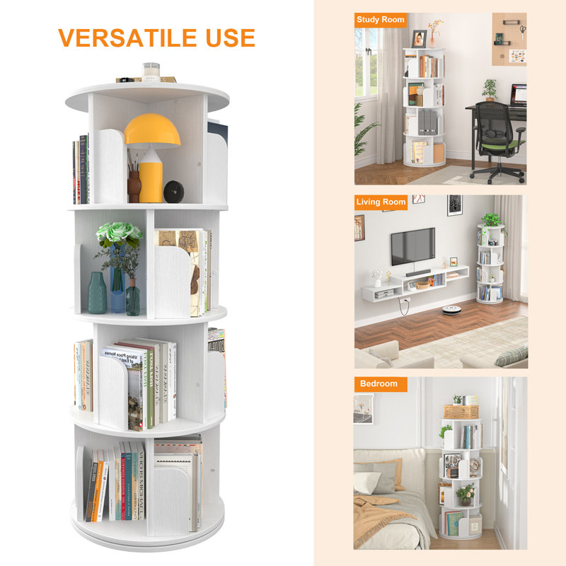 Hildelind 51.2-63.6"H 360° Rotating Bookcase, Storage and Display Bookshelf for Home Office and Living Room, White