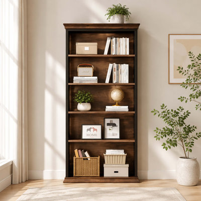 6-Tier X-Side Metal Frame Freestanding Open Bookcase, Rustic Wood Panel Industrial Storage Display Shelf with Full Back Panel