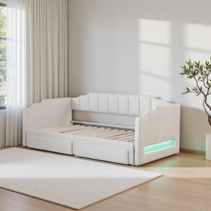 Twin XL Size Extendable Upholstered Daybed With Two Storage Drawers And LED Light, Beige