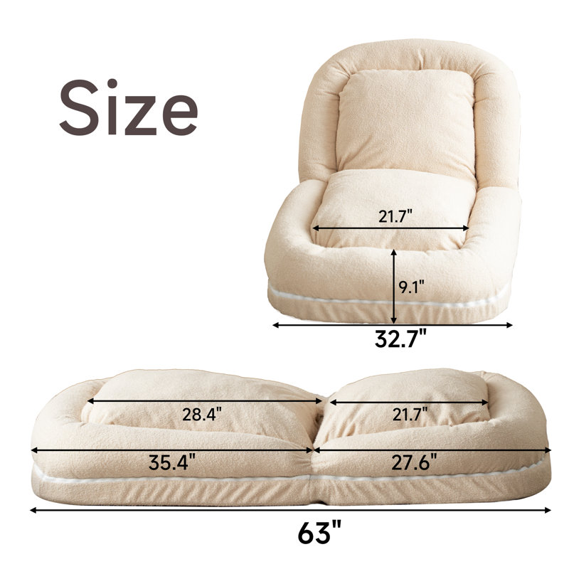 Upholstered Teddy Fabric Reclining Floor Sofa Chair with Adjustable Backrest, Beige Teddy