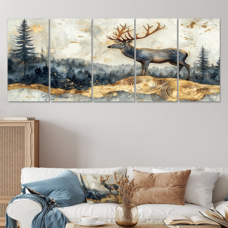 «Golden Deer Landscape Grace In The Forest II», art mural animal cerf, ensemble de décorations murales modernes