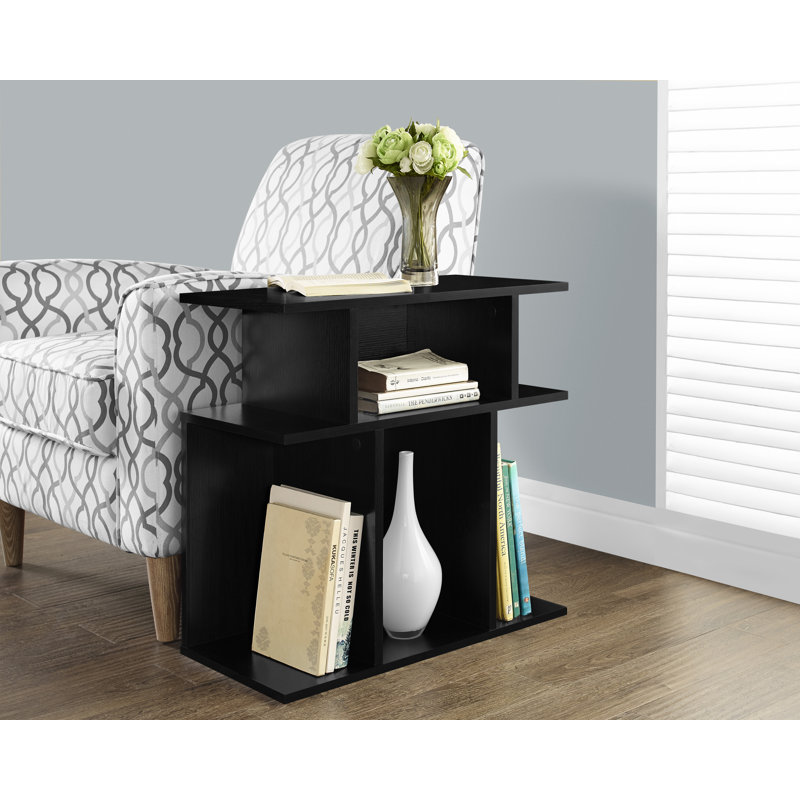 Black Contemporary Wood Rectangular End Table with Shelves