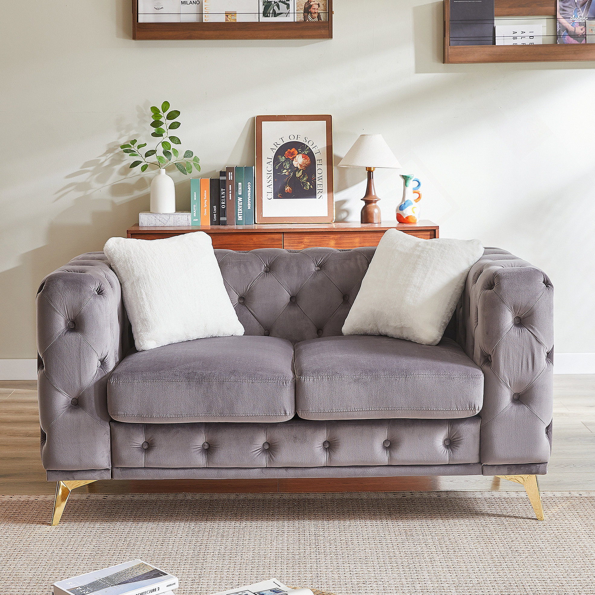 Mercer41 Deluxe Velvet Sofa with Chesterfield Tufted Buttons, 2 Pillows ...