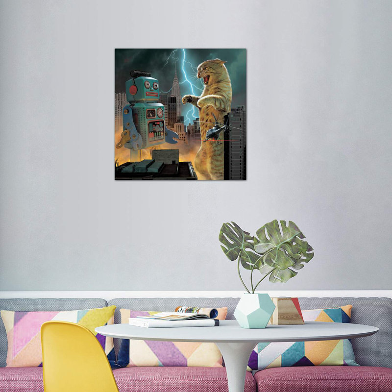 " Catzilla Vs Robot " by Vincent Hie, 37" H x 37" W x 1.5" D, Wrapped Canvas