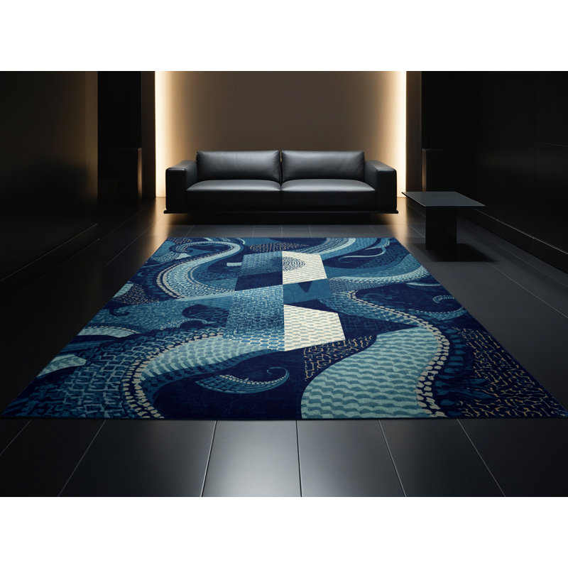 Tapis bleu d'inspiration mondiale lavable à la machine Titus Kraken, 7 x 10