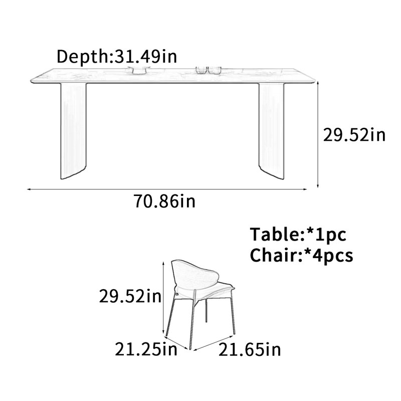 Table de salle à manger légère de luxe minimaliste, H 29,52 po x L 70,86 po x l 31,49 po