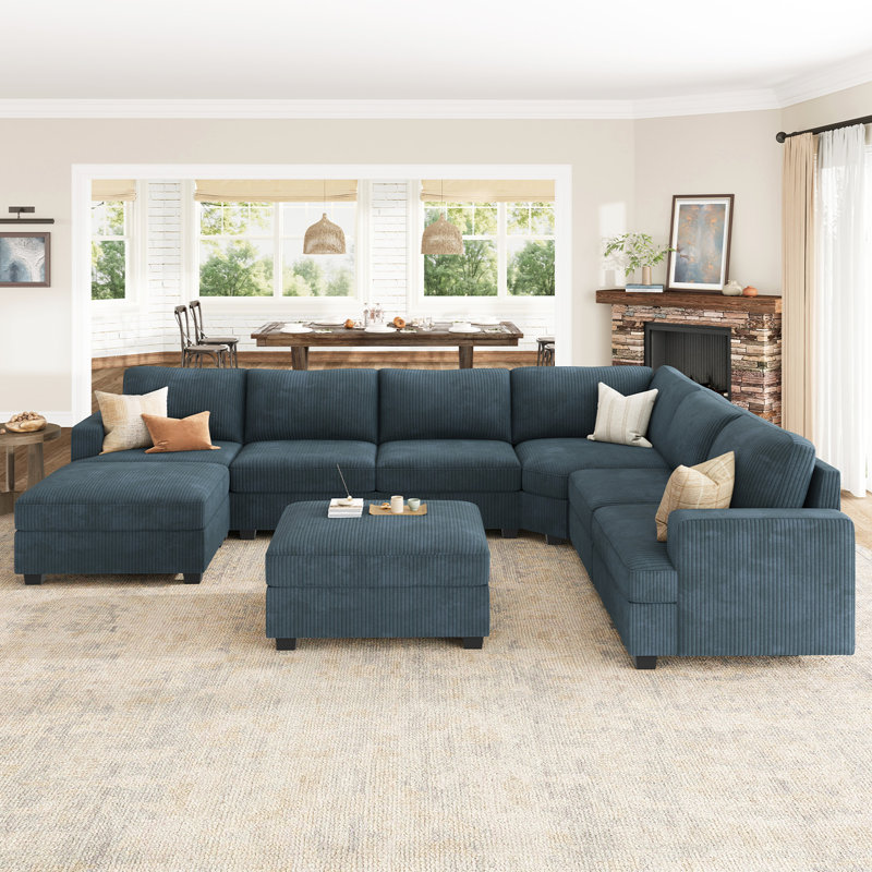 Anureet Modular U-Shaped Sectional with Storage Ottoman, Blue Corduroy, No