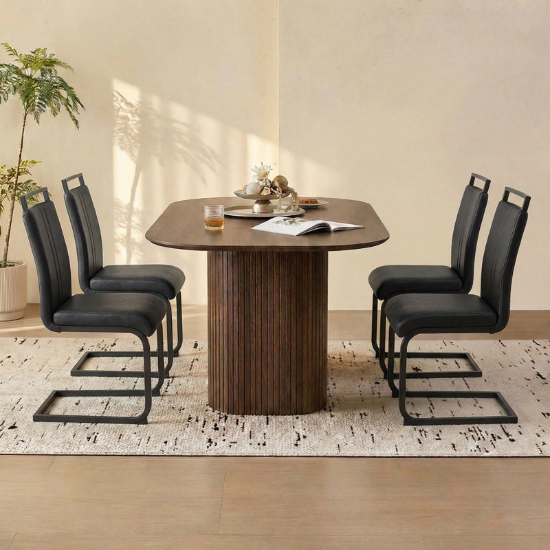 5-piece Modern Oval Dining Table Set With Cantilever Chairs, Brown