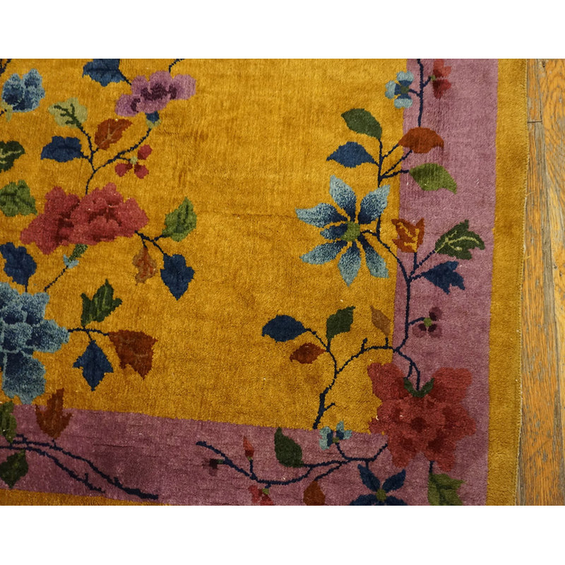 Yellow / Gold Orange Floral Wool Antique 1920s Rectangle Hand Knotted Pile Rug