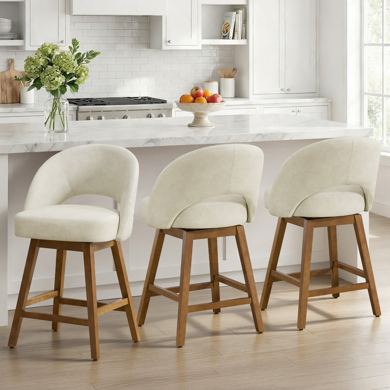 Tabouret de bar pivotant de 26,4 po avec coussin à ressorts ensachés et pieds en bois massif, tabourets de bar rembourrés (ensemble de 3)