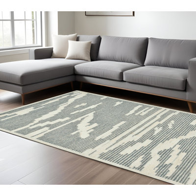 Tapis abstrait crocheté à la main gris et ivoire en laine 8 pi x 10 pi