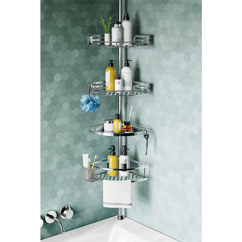 Corner Shower Caddy Tension Pole - Silver - Quick-Install 4-Tier Rustproof Bathroom Organizer, Adjustable Floor-Standing Shelves For Bathtub & Shampoo Storage