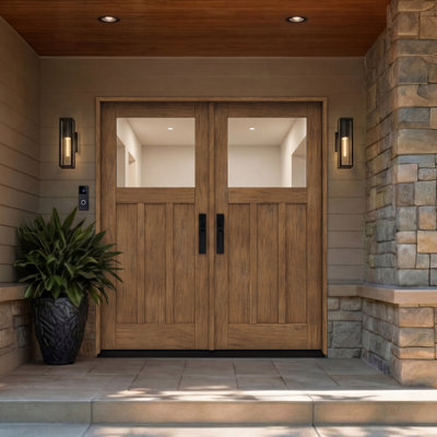 CRF-P3G1-SW-80 | 80" Double Door, RTA Prehung Exterior, Top View, 3 Panel, Unfinished Mahogany Wood