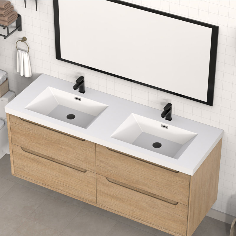 Lavabo de salle de bain 60 po à double cuve intégrée en résine avec robinets monotrou