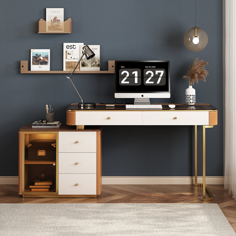Bureau avec armoire latérale et prise électrique, plateau en verre avec revêtement en similicuir, 5 tiroirs pour bureau à domicile