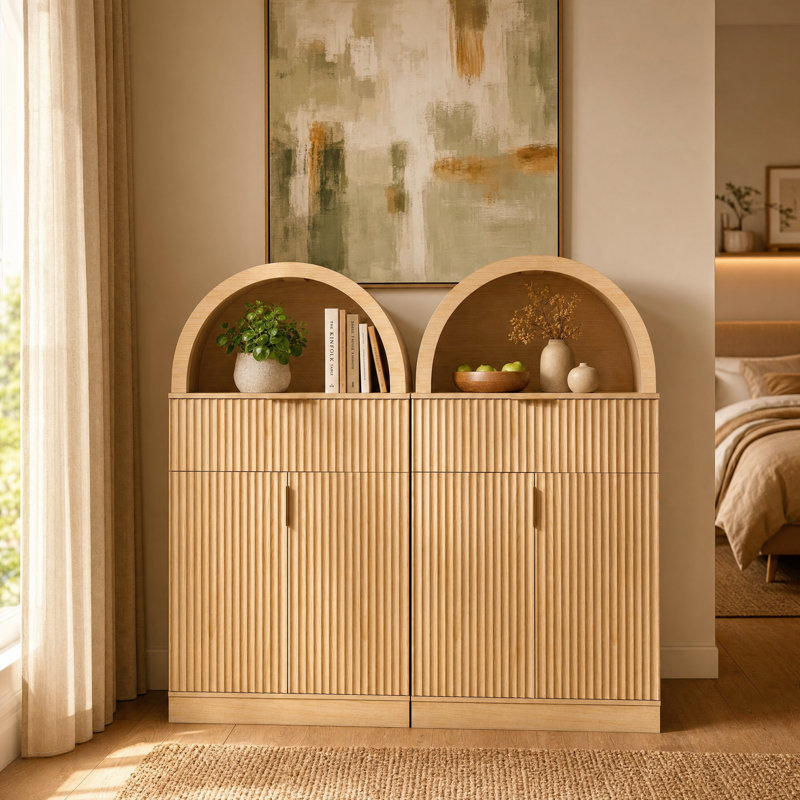 Armoire d'appoint en bois cannelé l 24 po, armoire de rangement arquée Boho avec portes, tiroirs et tablettes réglables, petite cabine autoportante