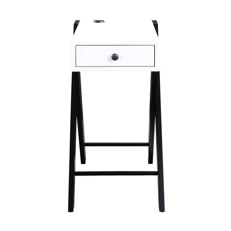 Accent Table With , Rectangular Side Table, White And Black, Kd, 1 Drawer Storage, Legs, Top, 22 In Wide, 13 Deep, 24 Tall Black Charging Function,