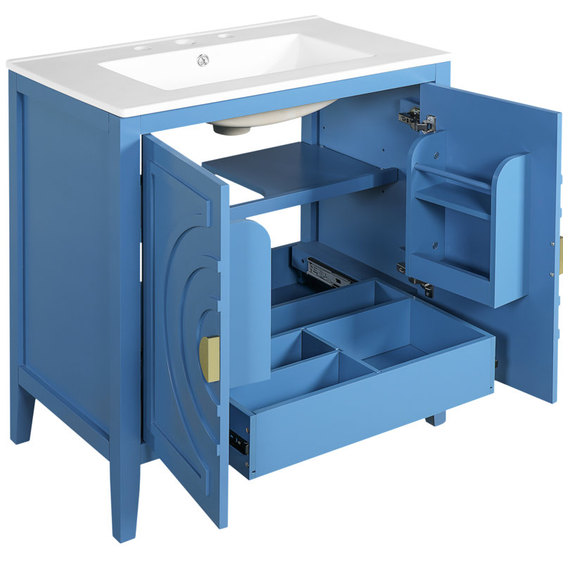 Meuble-lavabo de 30 po avec lavabo d'inspiration Mid-Century, 2 portes à fermeture douce, rangement, 1 tiroir dissimulé, tablette réglable, structure en bois massif, tiroirs coulissants lisses, revêtement bleu rétro 30 po