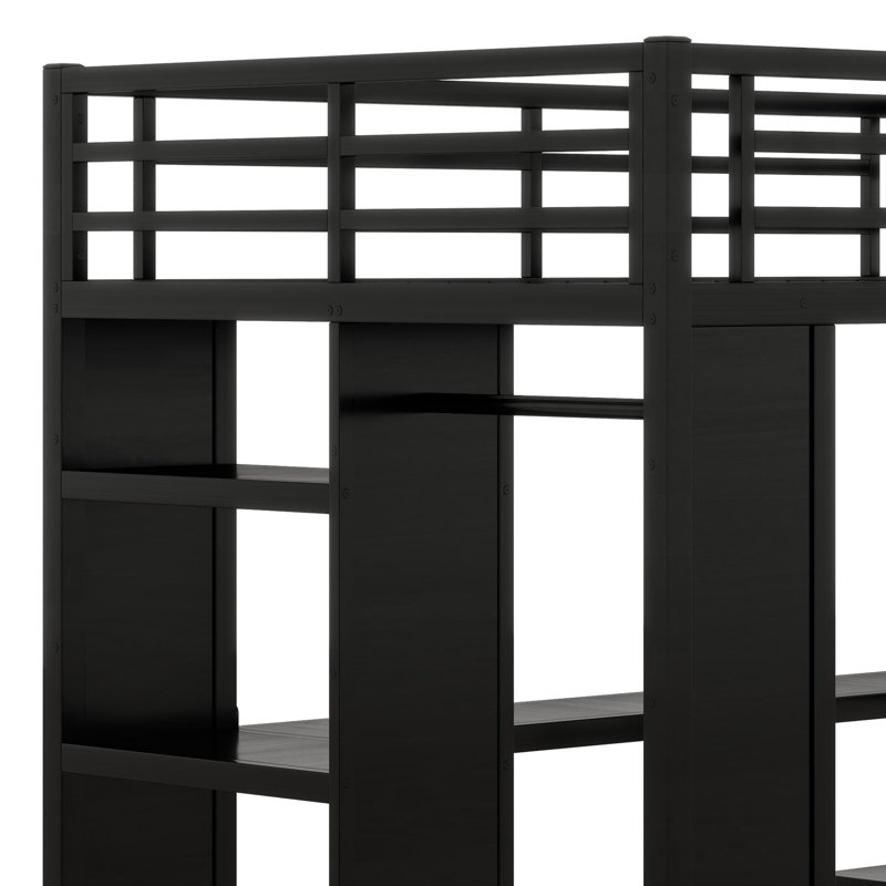 Structure de lit mezzanine en métal avec garde-robe intégrée, bureau et tablettes de rangement, Lit double, Noir