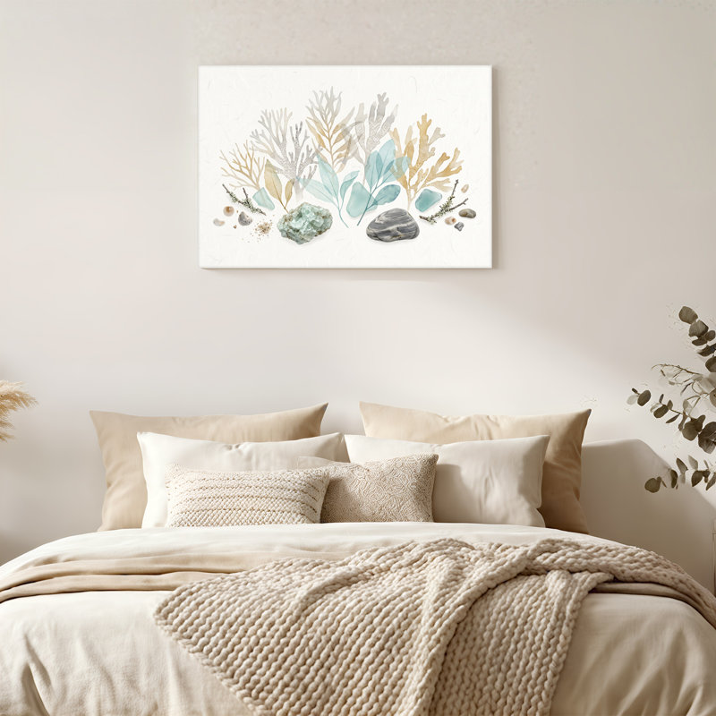 Art mural sur toile beige corail et feuilles bleu sarcelle avec pierres grises, 16"H x 24"W