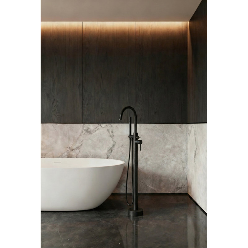 Cozyblock Floor Mount Bathtub Faucet Freestanding Tub Filler Standing High Flow Shower Faucets Shower Mixer Taps, Swivel Gooseneck Spout With Cylinder Handheld (matte Black)
