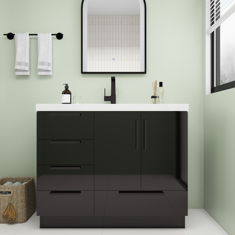 Meuble-lavabo autoportant avec tiroirs latéraux Carla, 42", Lustre noir