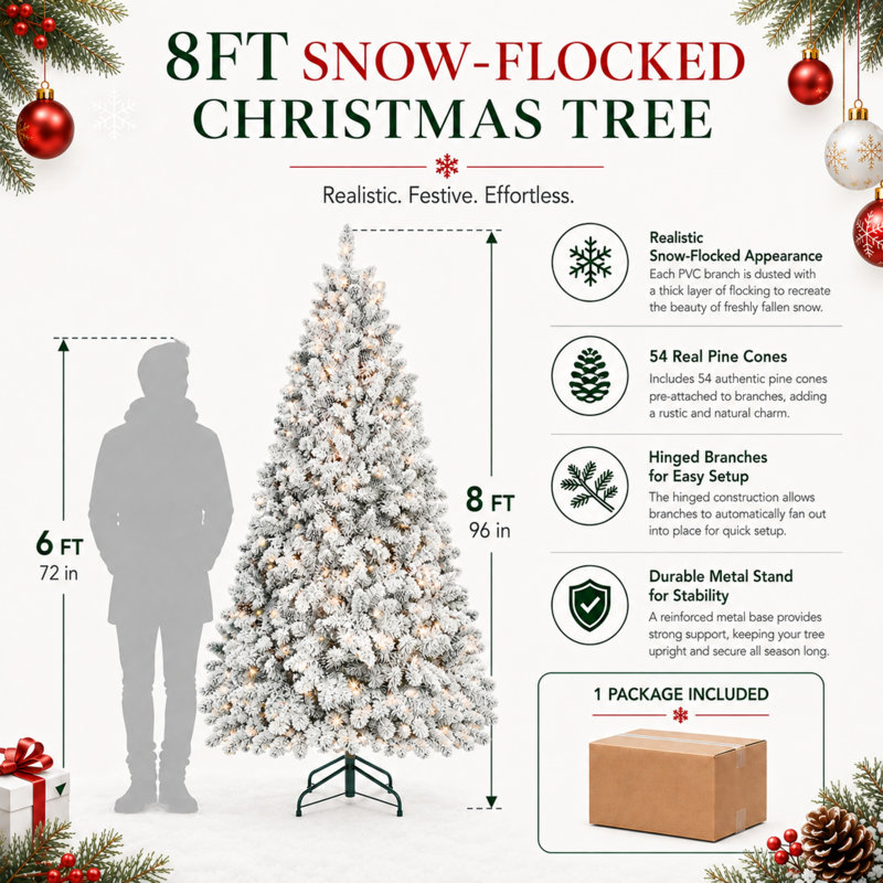 Sapin de Noël floqué de 2,4 m avec 700 lumières UL et 54 pommes de pin naturelles, 8