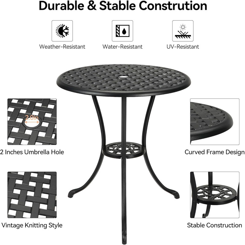 23.6"Patio Bistro Table, 2" Umbrella Hole, Black