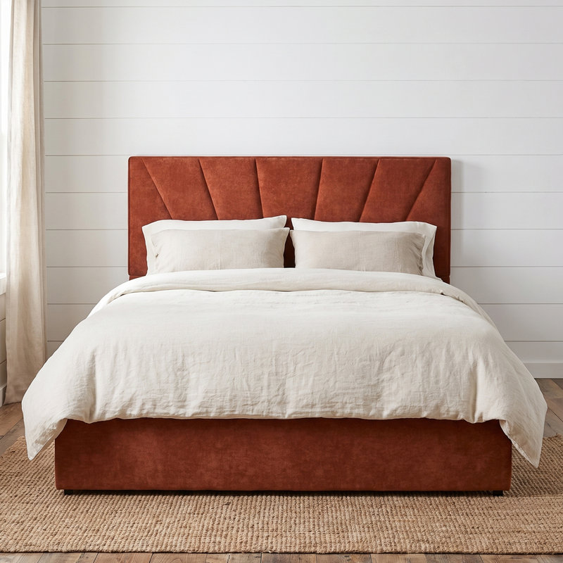 Lit tapissier moderne capitonné, grand, lin caramel, Grand lit, Caramel