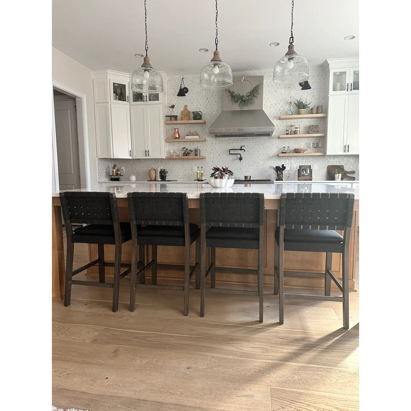 Black Faux Leather Woven Back Counter Height Stool