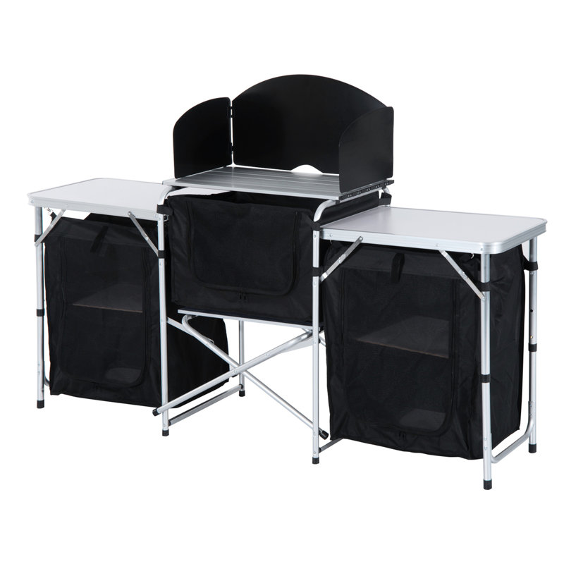 Table de cuisine pliante en aluminium pour le camping Outsunny avec pare-brise et 3 armoires fermées