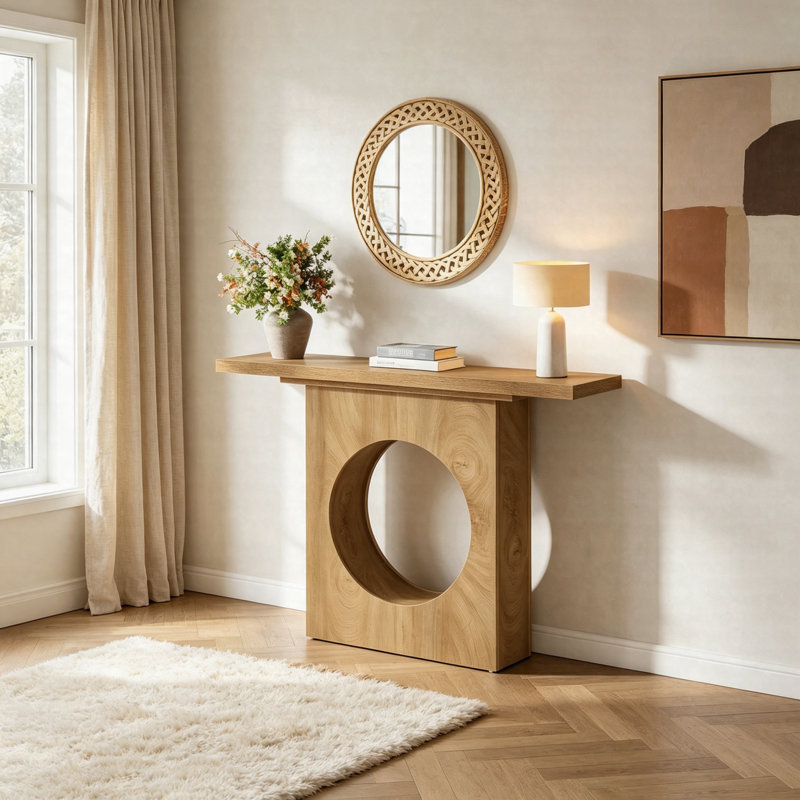 41.3" Narrow Farmhouse Console Table With Round Cutout Design, Slim Entryway Sofa Table