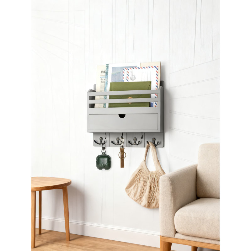 Porte-courrier mural et porte-clés avec tiroir de rangement, organisateur de hall d'entrée en bois avec 7 crochets pour clés, courrier et petits objets, décoration élégante pour la maison et le bureau