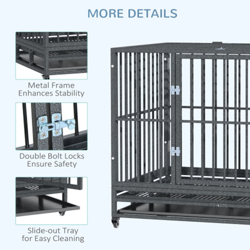 Gray Medium Rolling Steel Dog Crate with Wheels