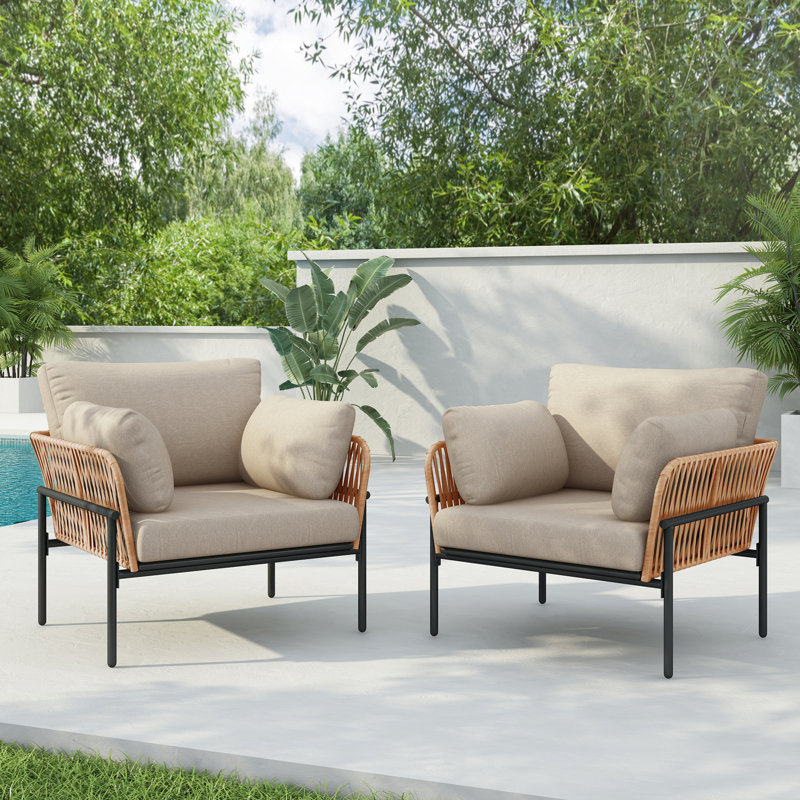 [Set of 2] 36" Iron Lounge Chair with Rope Weave Design and Plush Cushions, Black