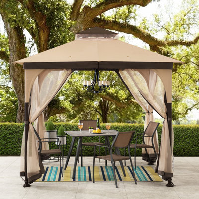 Sunjoy 9 ft. x 9 ft. Gazebo with 2-Tier Canopy Roof, Steel Frame Soft top Gazebo with Ceiling Hook and Mosquito Netting