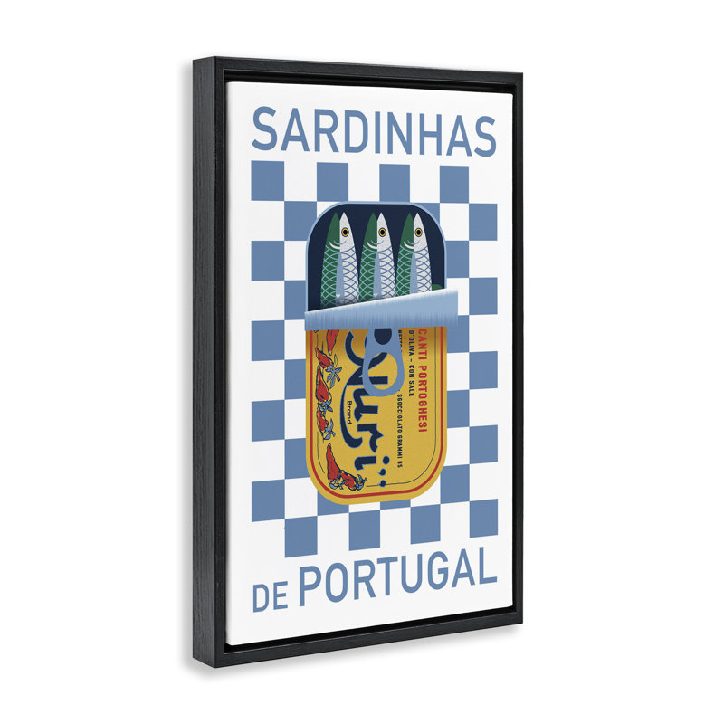 Toile flottante encadrée avec des sardines portugaises par Victoria Barnes, Cadre flottant noir de jais, H 25 po x l 17 po