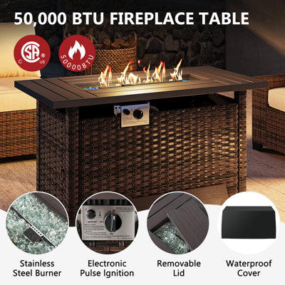 Outdoor Propane Gas Fire Pit Table,  50,000 BTU Rectangular Rattan Fire Pit with Lid, Hidden Tank Storage