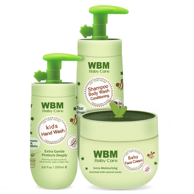 Ensemble-cadeau WBM Baby Care, shampooing et lavage du corps 3-en-1, crème hydratante pour le visage et lavage naturel des mains