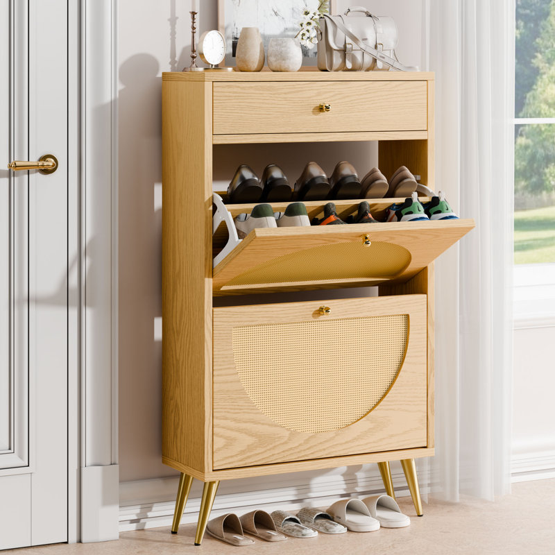 Armoire de rangement à chaussures en rotin avec tiroir, Naturel