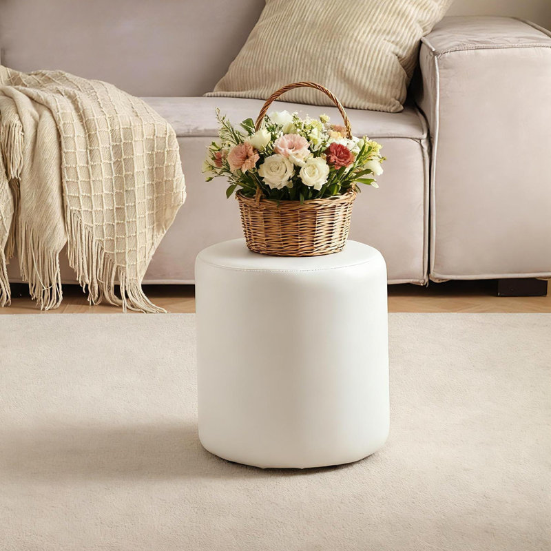 11.8In Small Round Faux Leather Upholstered Ottoman, White
