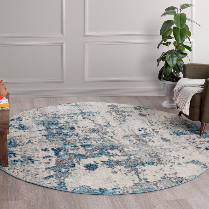 Longino Abstract Blue/Cream Indoor Area Rug for Living Room, Dining Room, Bedroom, Round 5'3"